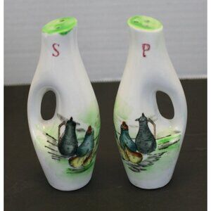 VTG Japan Ceramic Chicken Salt Pepper Shakers Mid Century Cutout w Cork 1950-70s